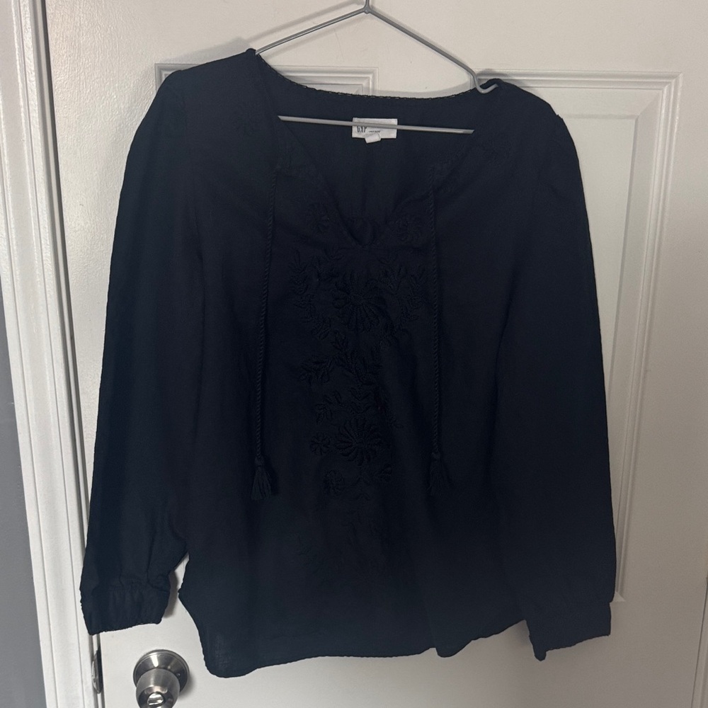 GAP Black Floral Blouse with Tassels